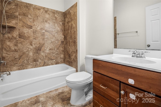 bathroom with vanity,  shower combination, toilet, and tile patterned floors