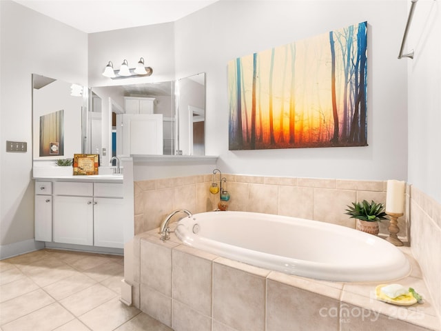 full bath featuring a garden tub, vanity, and tile patterned floors