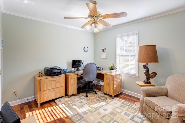 office space with ceiling fan, ornamental molding, and light wood-type flooring