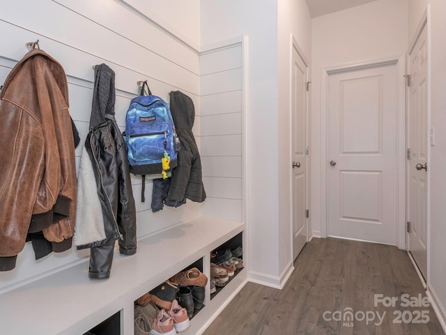 mudroom featuring dark wood-style floors