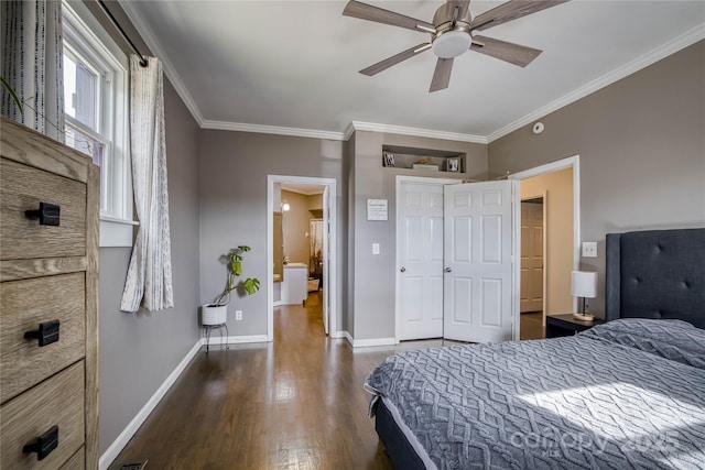 bedroom featuring dark hardwood / wood-style flooring, ornamental molding, a closet, and ceiling fan