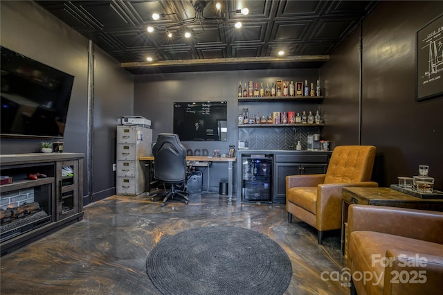 bar with wine cooler and backsplash