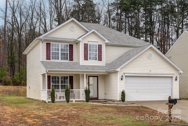 view of front property with a garage, a front yard, and covered porch