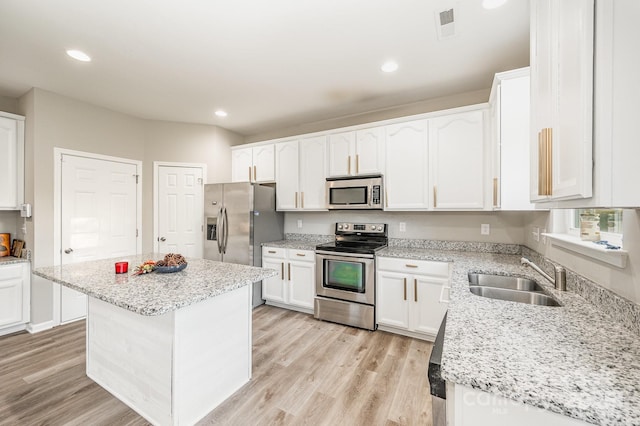 kitchen with a center island, stainless steel appliances, white cabinets, a sink, and light stone counters