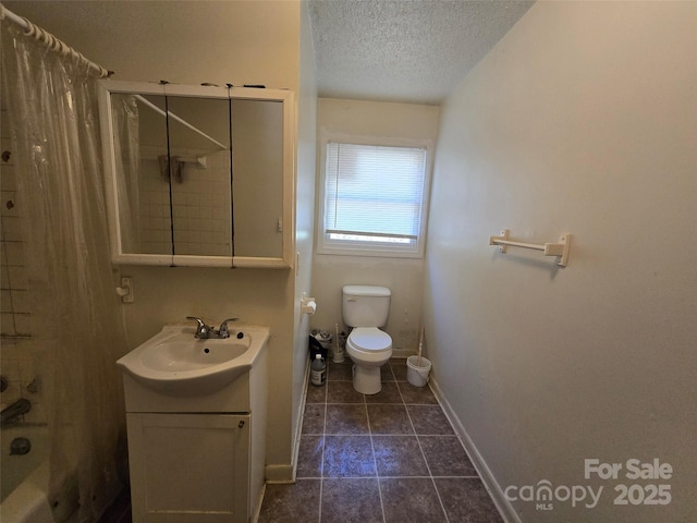 full bathroom with vanity, shower / bath combination with curtain, a textured ceiling, and toilet