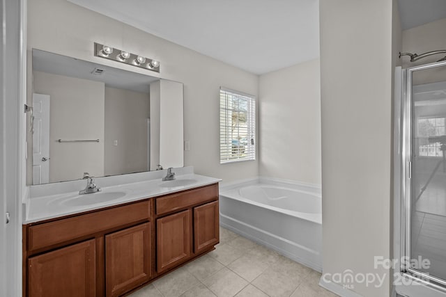 full bathroom with double vanity, a sink, a bath, and a shower stall