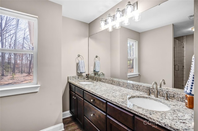 full bath featuring a healthy amount of sunlight, baseboards, and a sink