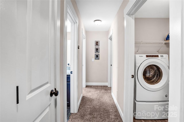 laundry room with washer / dryer, carpet, laundry area, and baseboards