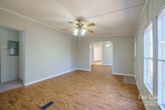 spare room with light hardwood / wood-style flooring, a healthy amount of sunlight, electric panel, and ornamental molding