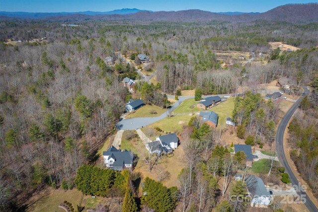 aerial view with a mountain view and a wooded view