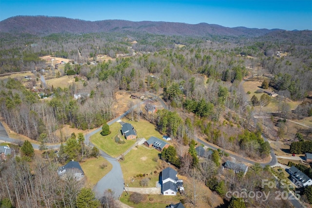 bird's eye view with a wooded view and a mountain view