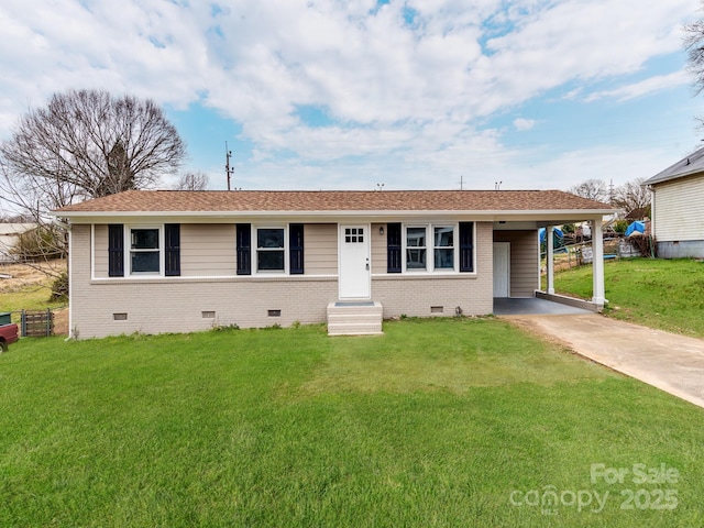 single story home featuring entry steps, an attached carport, concrete driveway, crawl space, and a front lawn