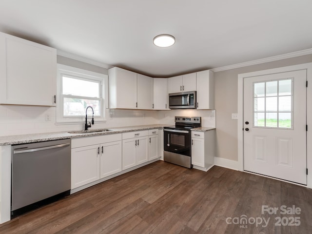 kitchen with appliances with stainless steel finishes, dark wood-style flooring, white cabinetry, and a sink