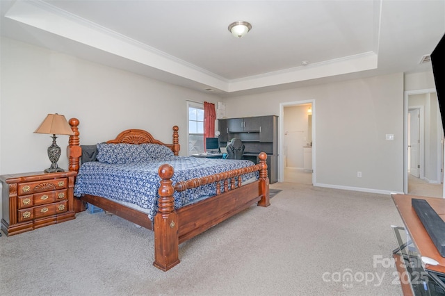 bedroom featuring baseboards, a tray ceiling, crown molding, and light colored carpet