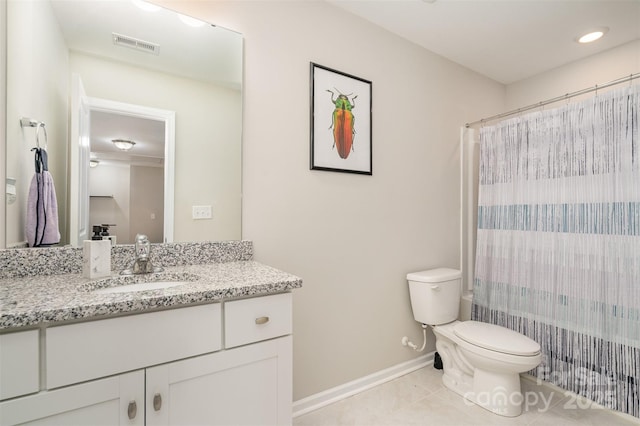 bathroom with tile patterned flooring, toilet, visible vents, vanity, and a shower with curtain