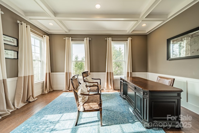 sitting room featuring coffered ceiling, a wealth of natural light, and wainscoting