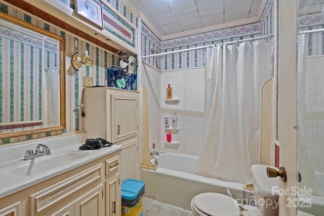 full bathroom with shower / bath combination with curtain, ornamental molding, vanity, and toilet