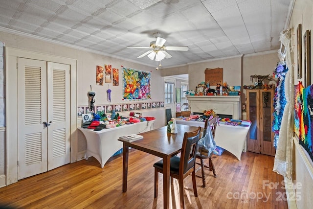 dining room with crown molding, ceiling fan, and hardwood / wood-style floors