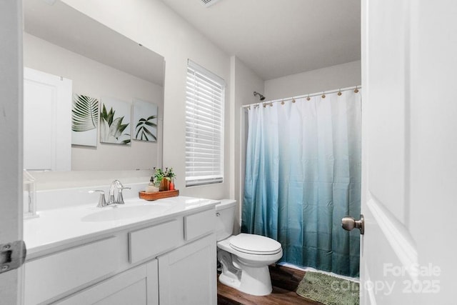 bathroom featuring vanity, hardwood / wood-style floors, and toilet