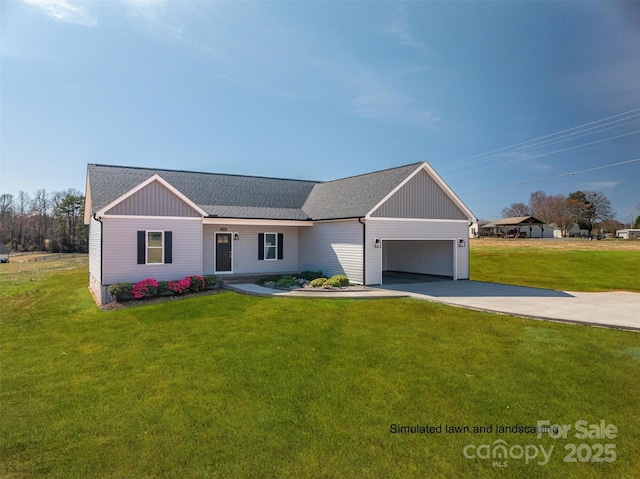 single story home featuring a front yard and a garage