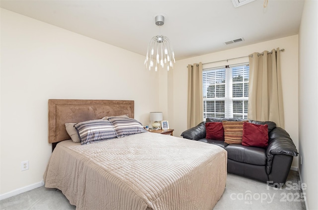 bedroom featuring visible vents, light carpet, and baseboards