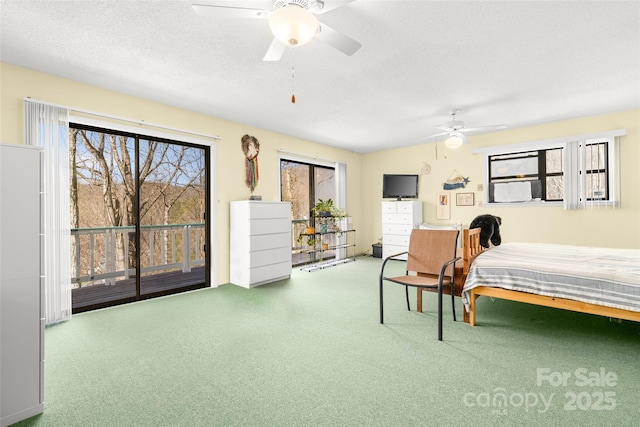 53 Hackberry Ln, Waynesville, NC 28785 - bedroom with carpet flooring, access to outside, a textured ceiling, and a ceiling fan