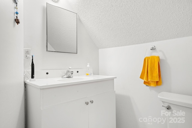 53 Hackberry Ln, Waynesville, NC 28785 - half bathroom featuring vanity, vaulted ceiling, and a textured ceiling