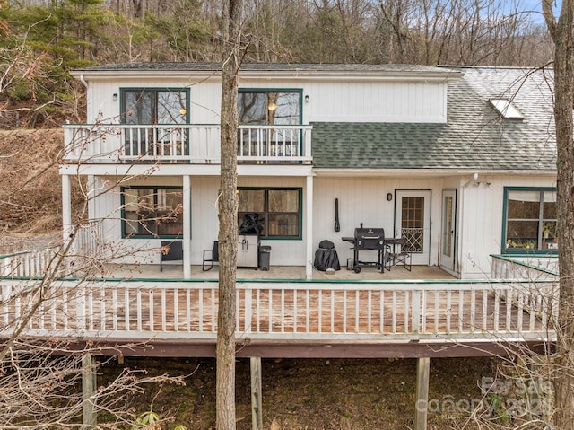 53 Hackberry Ln, Waynesville, NC 28785 - back of house with a balcony, roof with shingles, and a swimming pool