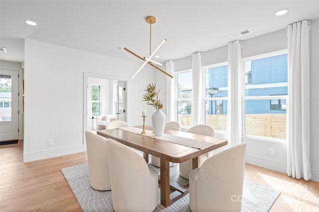 dining area featuring light wood finished floors, visible vents, a wealth of natural light, and recessed lighting