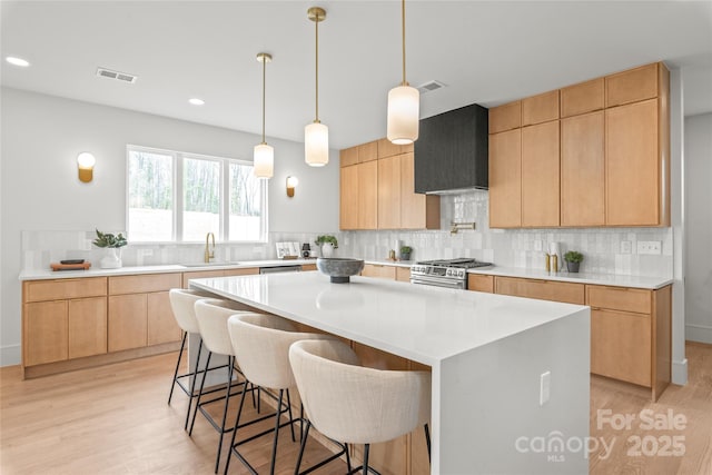 kitchen with high end stove, a sink, backsplash, and a kitchen bar