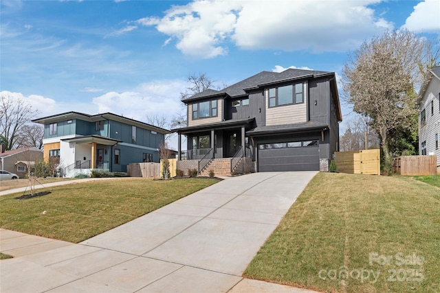 view of front facade with driveway, a garage, fence, and brick siding