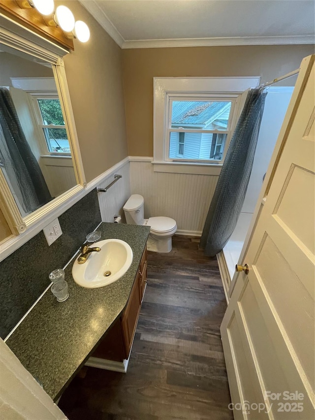 full bathroom with toilet, a wainscoted wall, a shower with shower curtain, wood finished floors, and vanity