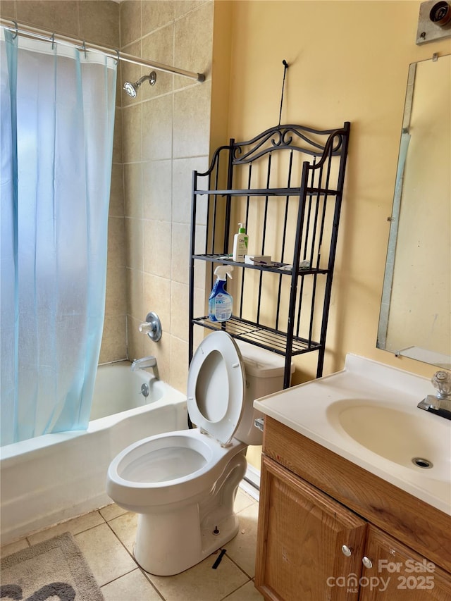 full bathroom with shower / bath combination with curtain, vanity, toilet, and tile patterned floors