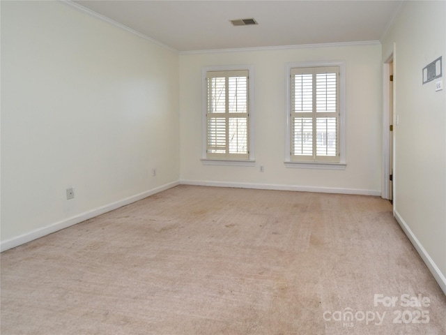 carpeted spare room with ornamental molding