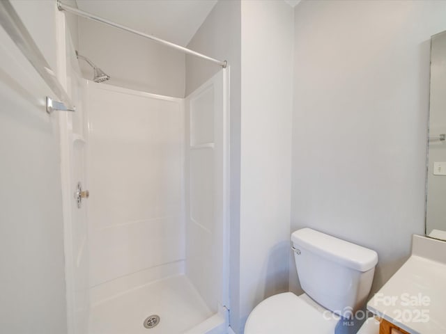 full bathroom with toilet, a stall shower, and vanity