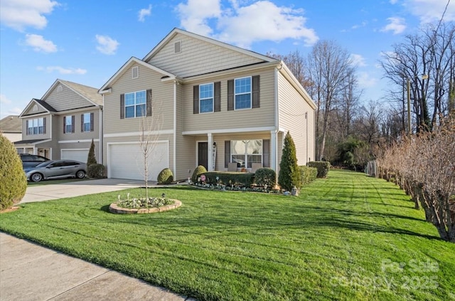 view of front facade featuring driveway, an attached garage, and a front lawn