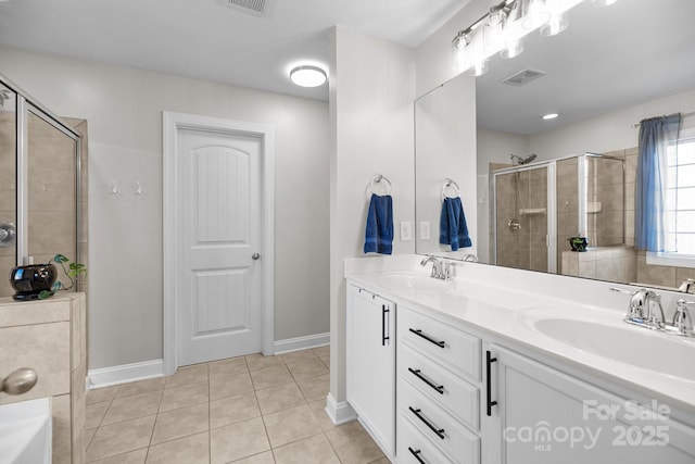 full bath featuring tile patterned flooring, a shower stall, visible vents, and a sink