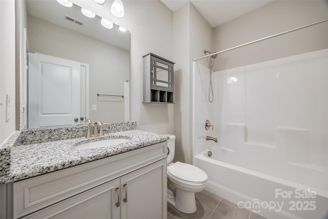 full bath with visible vents, toilet, tile patterned flooring, vanity, and shower / bathing tub combination