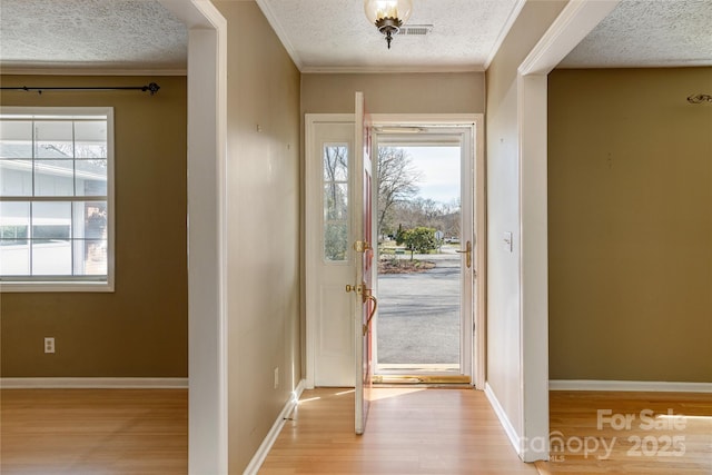 entrance foyer with a textured ceiling, baseboards, light wood-style flooring, and a healthy amount of sunlight