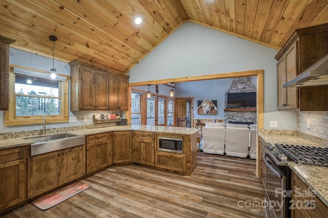 kitchen featuring hardwood / wood-style flooring, stainless steel appliances, wood ceiling, sink, and pendant lighting