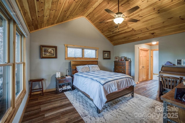 bedroom featuring vaulted ceiling, dark hardwood / wood-style floors, and wooden ceiling