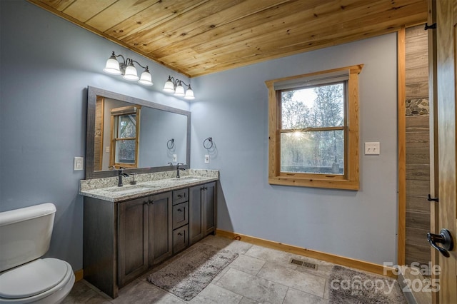 bathroom with toilet, vanity, and wooden ceiling