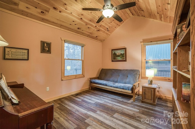 sitting room featuring ceiling fan, lofted ceiling, wooden ceiling, and dark hardwood / wood-style flooring