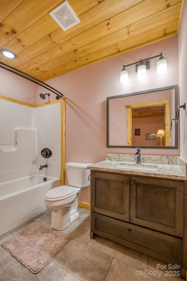 full bathroom with wood ceiling, tile patterned flooring, toilet,  shower combination, and vanity