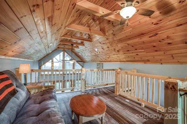 sitting room with ceiling fan, dark wood-type flooring, wood ceiling, and vaulted ceiling with beams