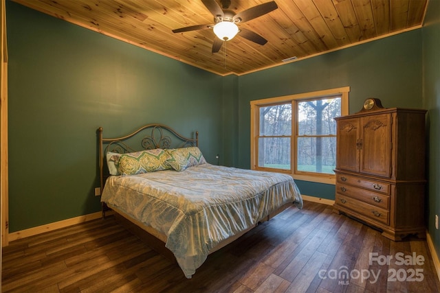 bedroom featuring crown molding, wooden ceiling, dark hardwood / wood-style floors, and ceiling fan