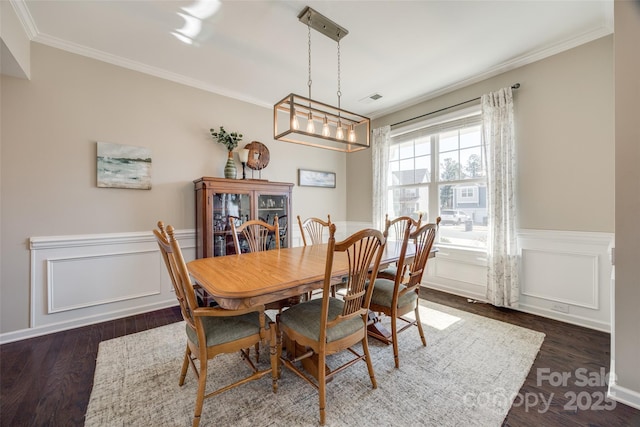 dining area with ornamental molding, wainscoting, visible vents, and dark wood-style floors