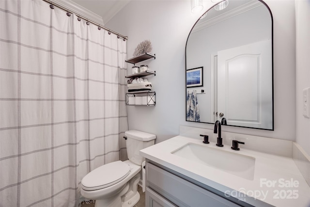 bathroom with toilet, vanity, and crown molding