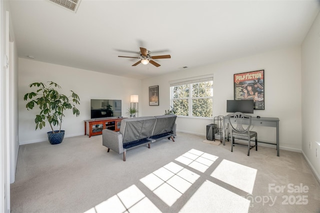 bedroom featuring visible vents, ceiling fan, light carpet, and baseboards