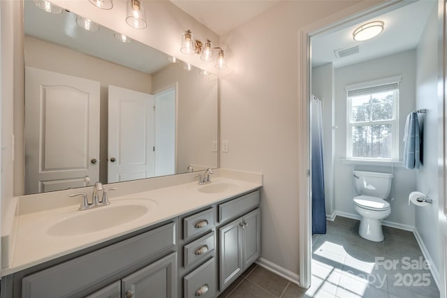 bathroom featuring toilet, double vanity, a sink, and visible vents